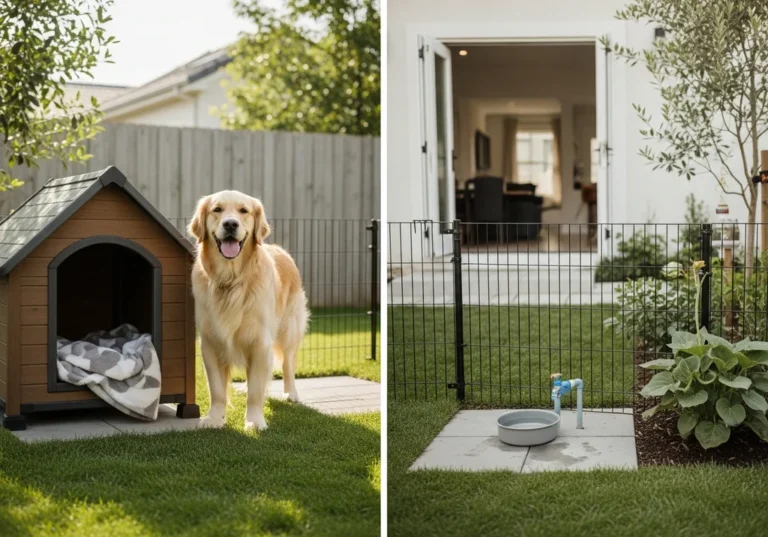 Golden retriever na tle swojego drewnianego domku i ogrodzonego wybiegu z miską na wodę.