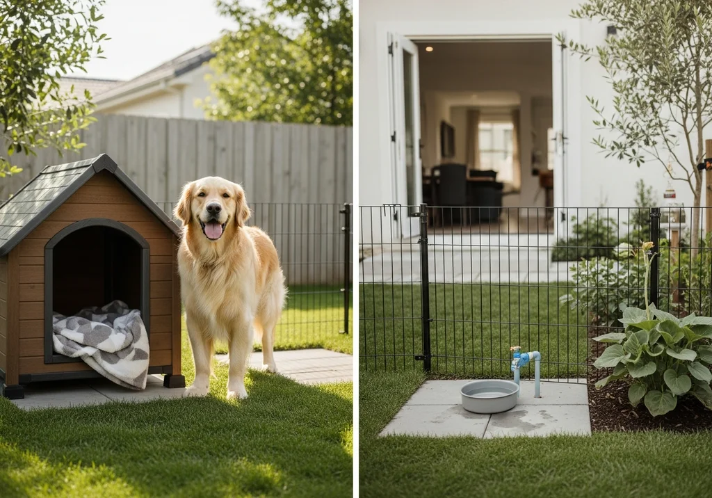 Golden retriever na tle swojego drewnianego domku i ogrodzonego wybiegu z miską na wodę.