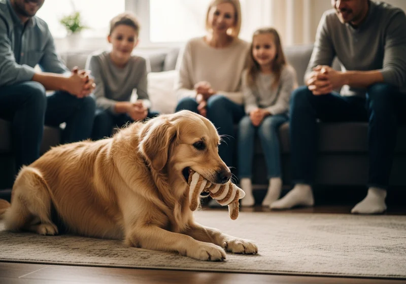 Golden retriever bawi się zabawką na dywanie, podczas gdy rodzina siedzi na kanapie w tle.
