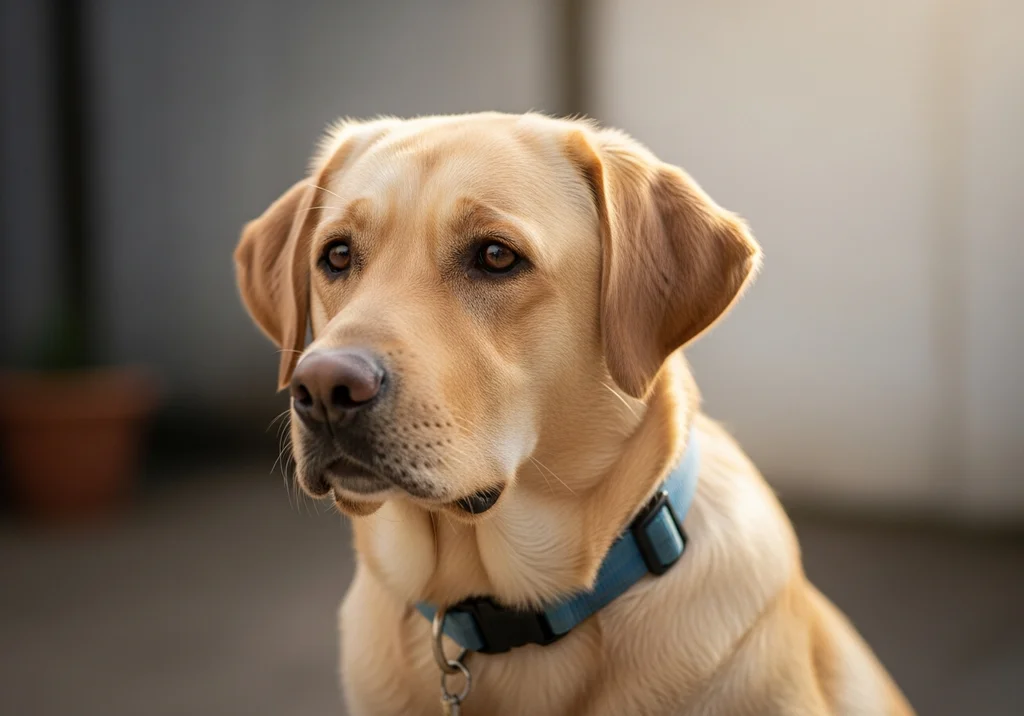 Labrador retriever o łagodnym spojrzeniu w niebieskiej obroży.