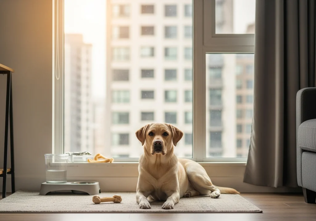 Labrador leżący na dywanie przed oknem, z miską na wodę i zabawką-kością w pobliżu.