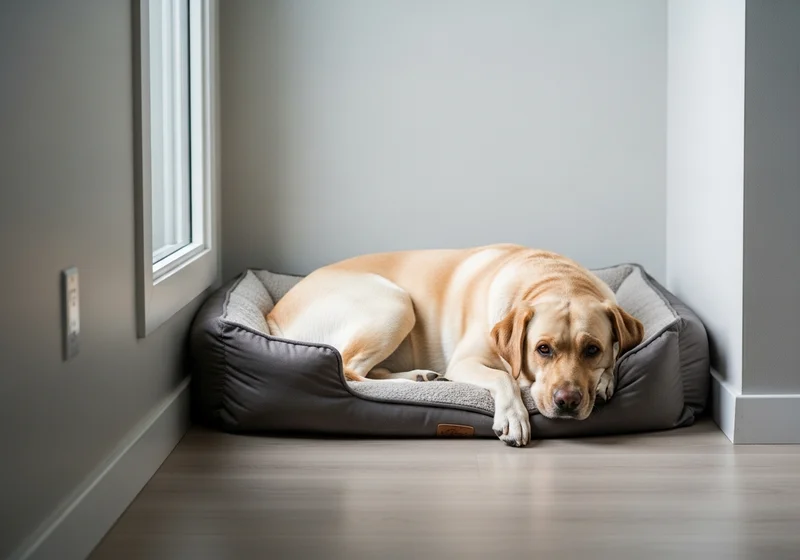 Labrador odpoczywa na wygodnym legowisku w rogu pokoju, przy oknie.