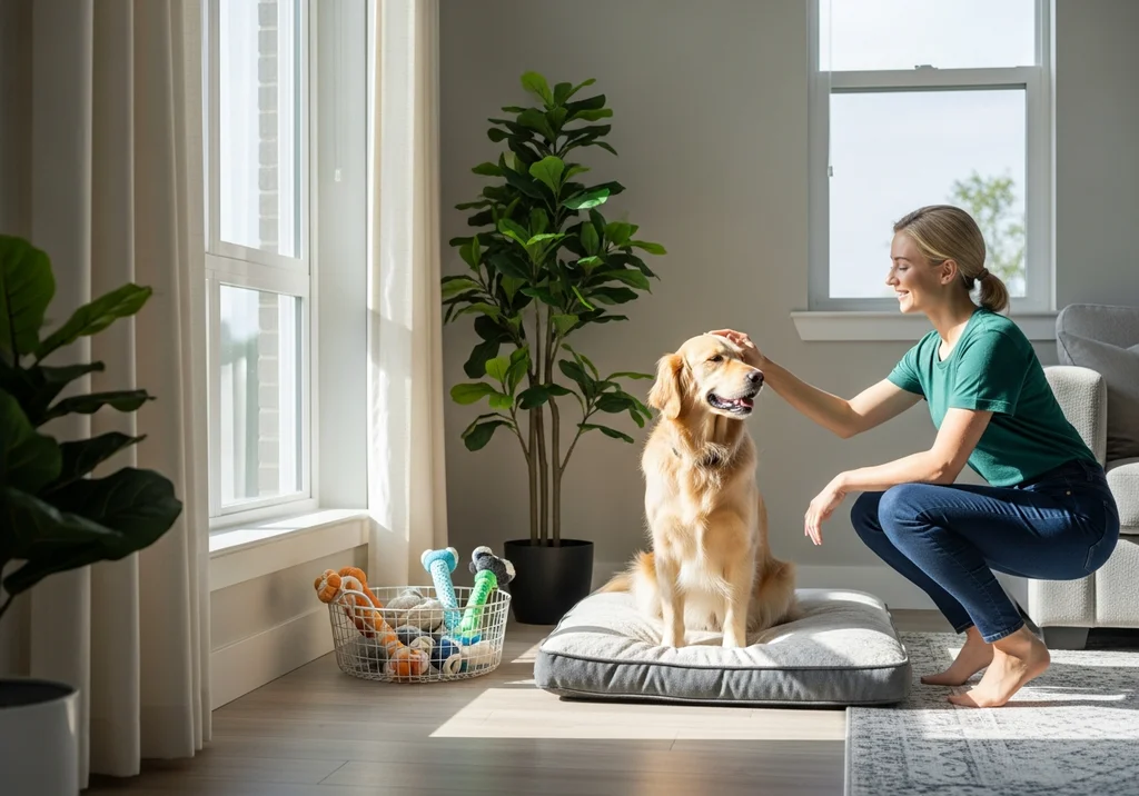 Kobieta głaszcze golden retrievera siedzącego na posłaniu w słonecznym pokoju.