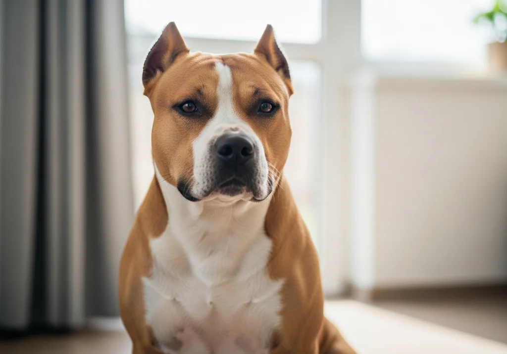 Amstaff siedzący przy oknie, z uwagą patrzący przed siebie.