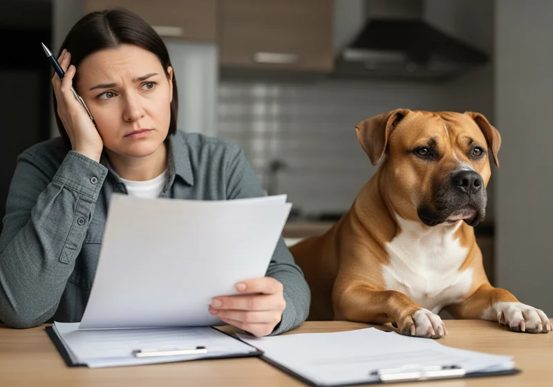 Kobieta z zmartwioną miną studiuje dokumenty obok amstaffa.