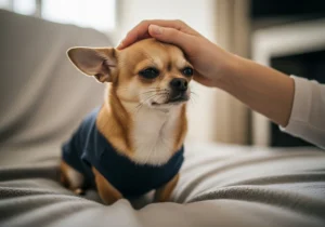 Chihuahua w niebieskiej bluzie z łapą człowieka na głowie.