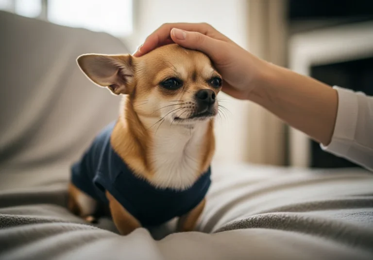 Chihuahua w niebieskiej bluzie z łapą człowieka na głowie.