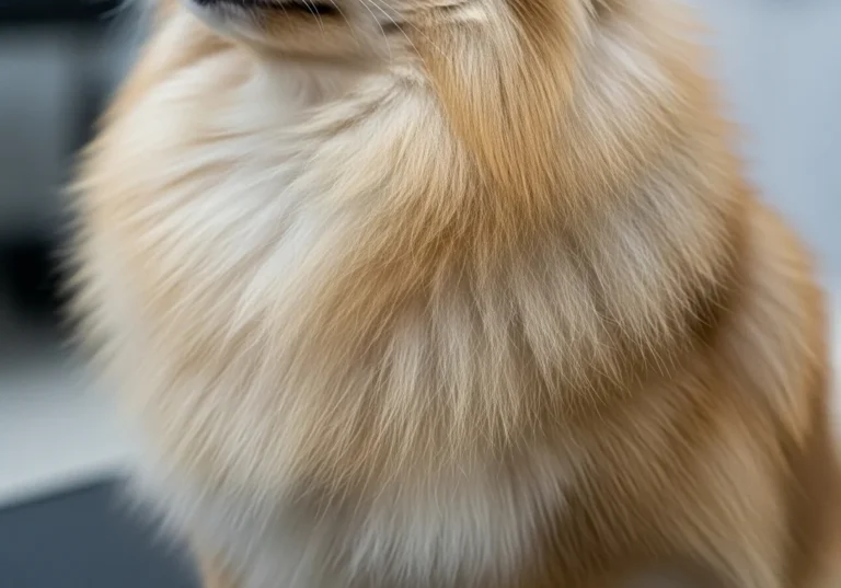 Gęsta, jasnobrązowa sierść szpica miniaturowego, podkreślająca jego puszystość i dwuwarstwową okrywę włosową.