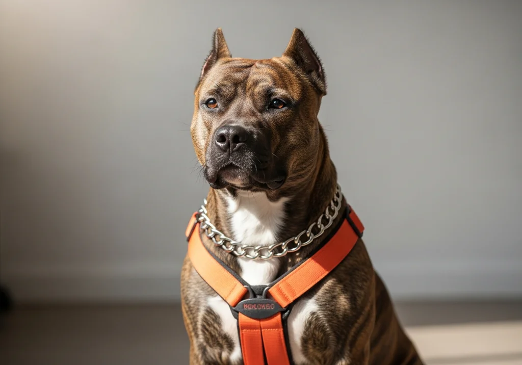 Amstaff pręgowany w pomarańczowej obroży z łańcuchem, siedzący na jasnym tle.