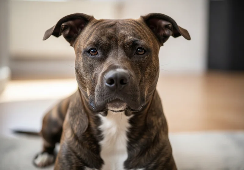 Pręgowany amstaff patrzy prosto w obiektyw.