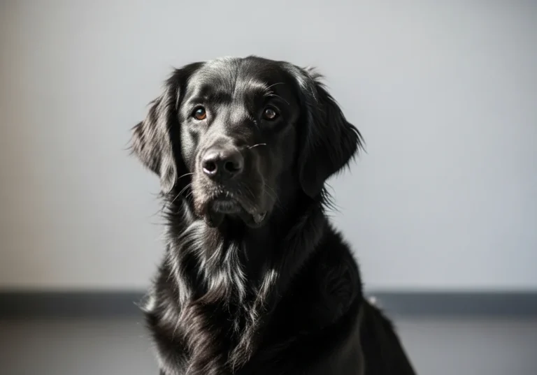 Czarny retriever o lśniącym futrze i uważnym spojrzeniu na jasnym tle.