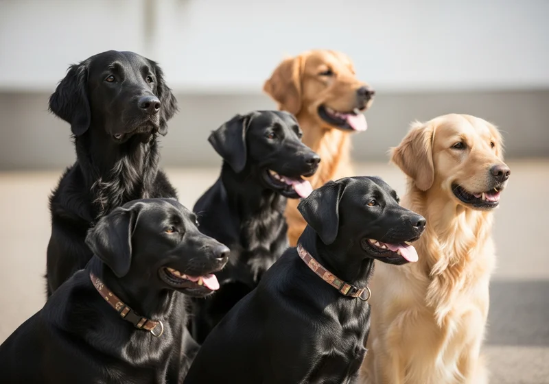 Sześć psów rasy golden retriever i labrador retriever, czarne i złote, siedzą razem.
