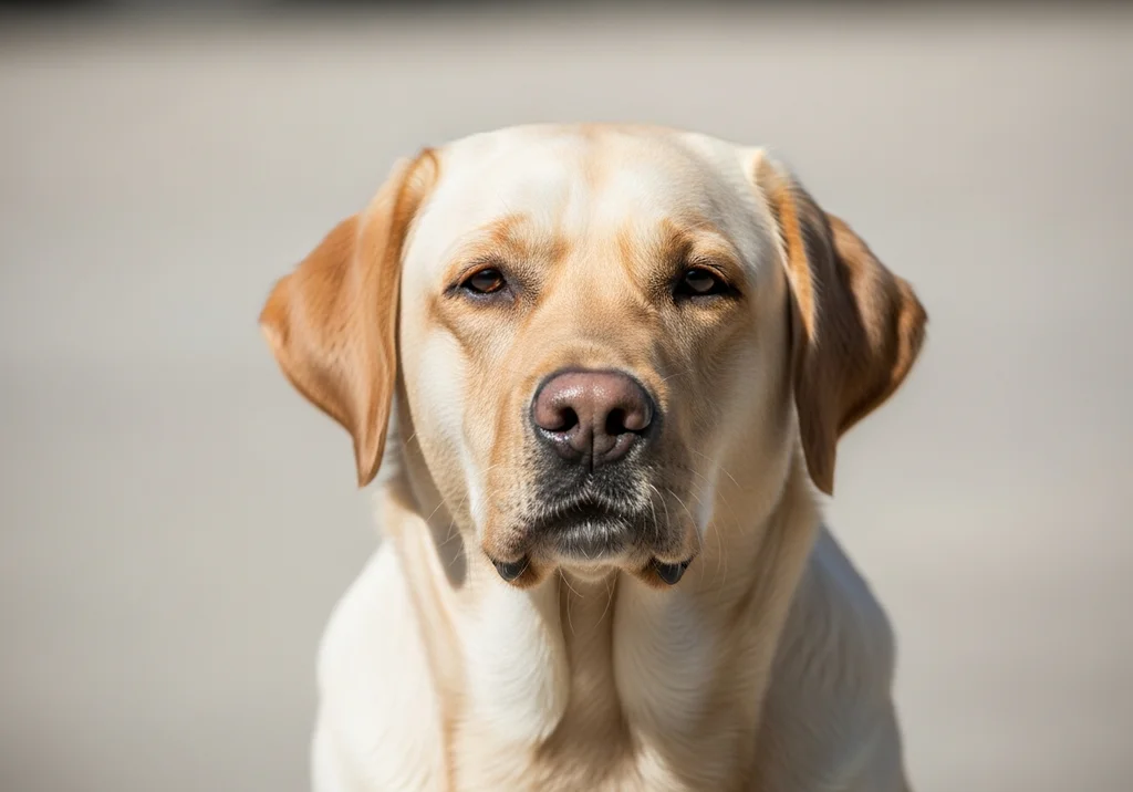 Portret labradora z bliska na jasnym tle.