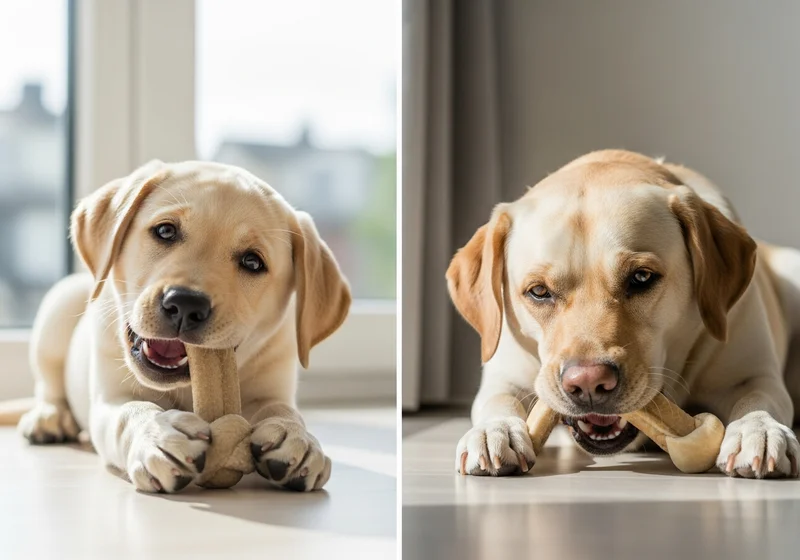 Szczeniak i dorosły labrador gryzą kości, ilustrując różnice w zachowaniach związanych z wiekiem.