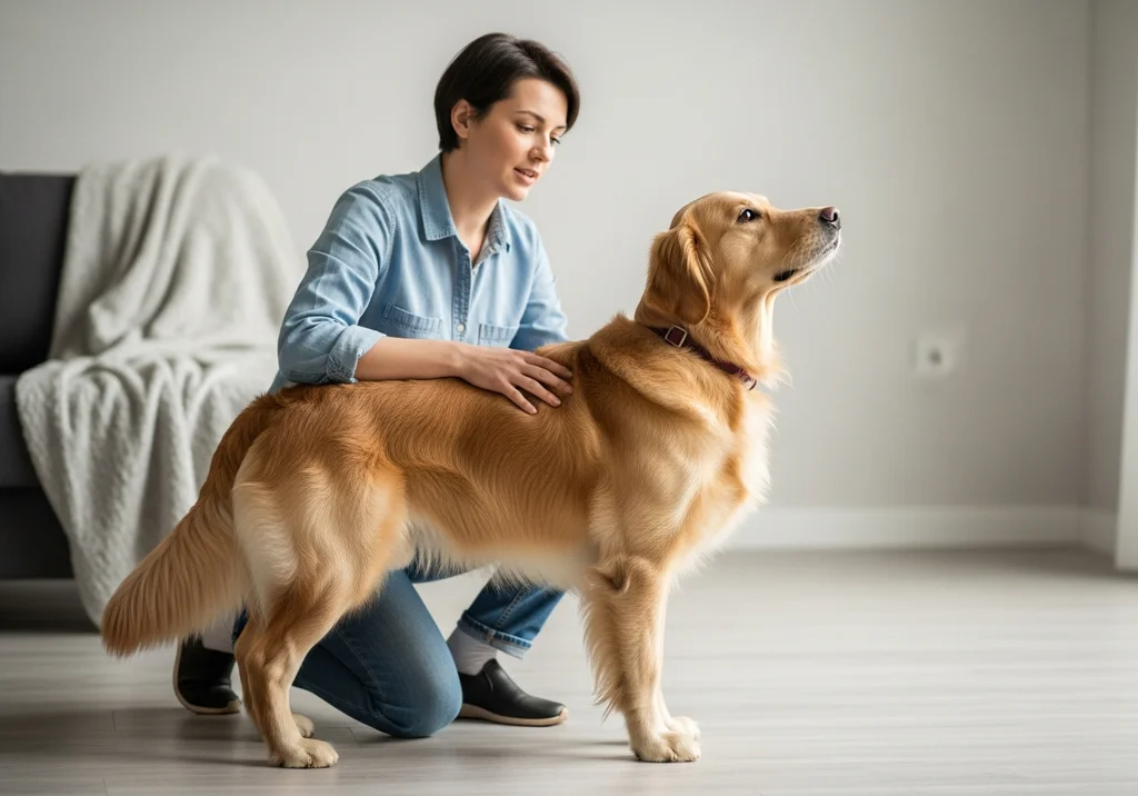 Kobieta kuca obok swojego golden retrievera i głaszcze go po plecach.