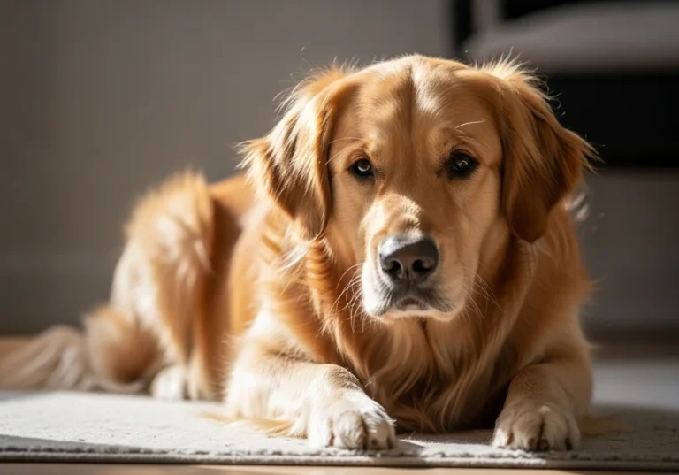Golden retriever biszkoptowy leżący na dywanie w świetle słonecznym.