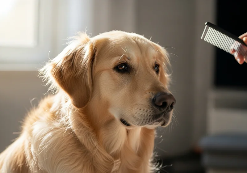 Golden retriever biszkoptowy z grzebieniem zbliżającym się do jego głowy.
