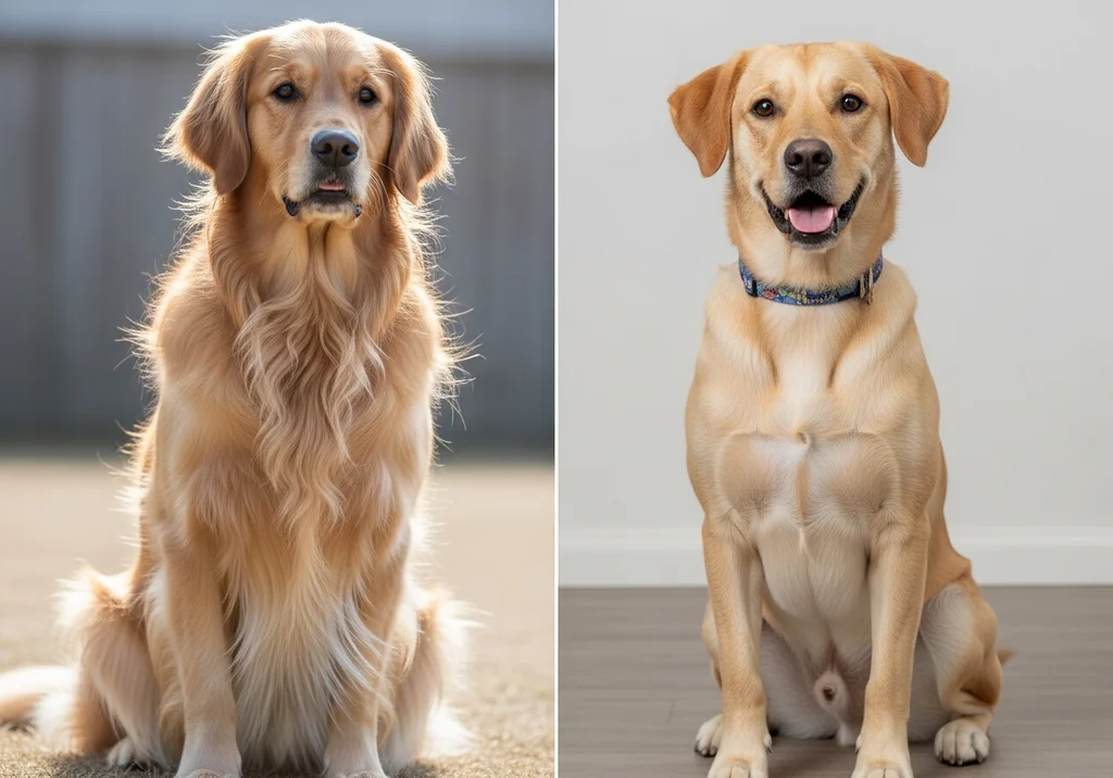 Dwa psy siedzące: golden retriever i labrador retriever.
