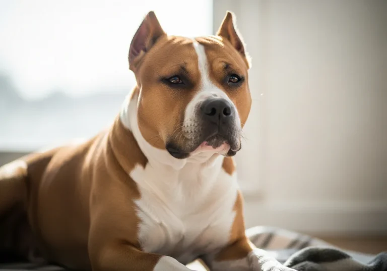 Amstaff leży na kocu, patrząc w bok.
