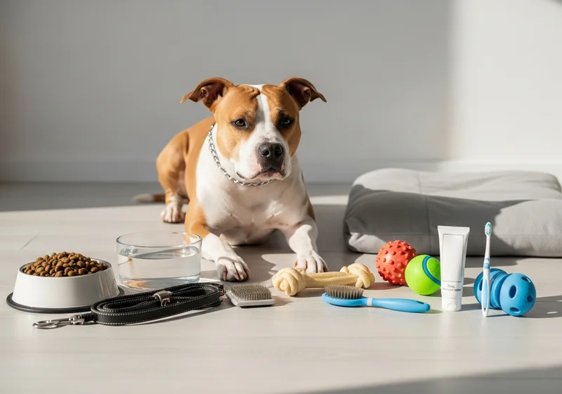Amstaff leży obok miski z karmą, wodą, zabawkami i akcesoriami do pielęgnacji.