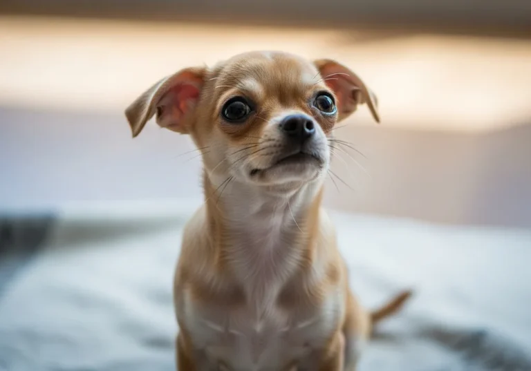 Mały szczeniak chihuahua o jasnobrązowej sierści i dużych, ciemnych oczach patrzy w górę.