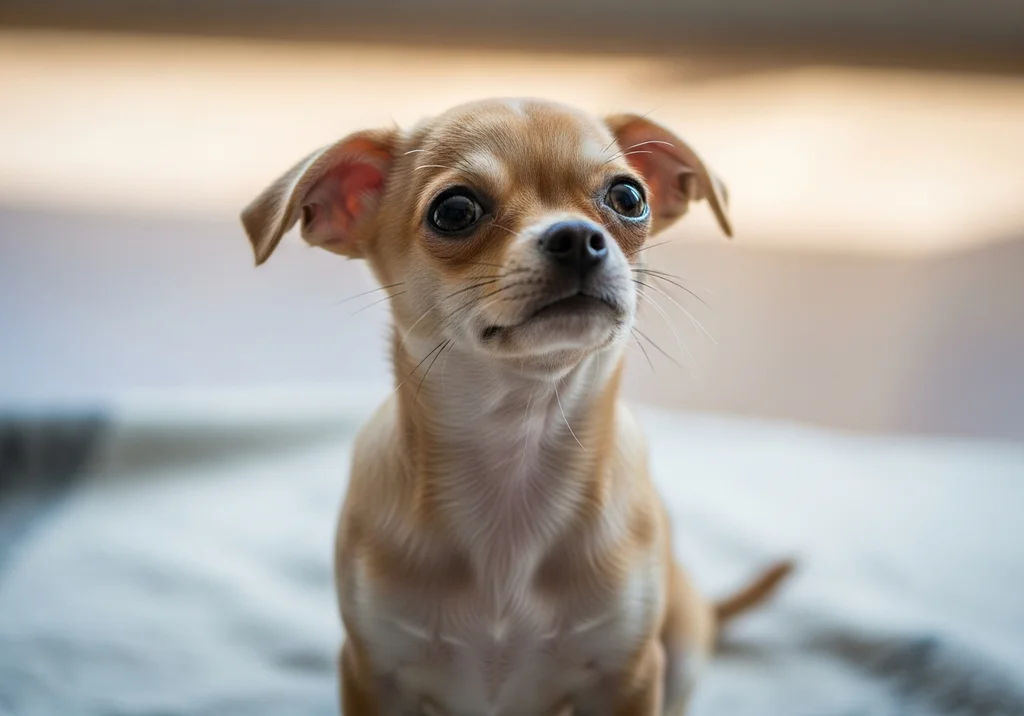 Mały szczeniak chihuahua o jasnobrązowej sierści i dużych, ciemnych oczach patrzy w górę.