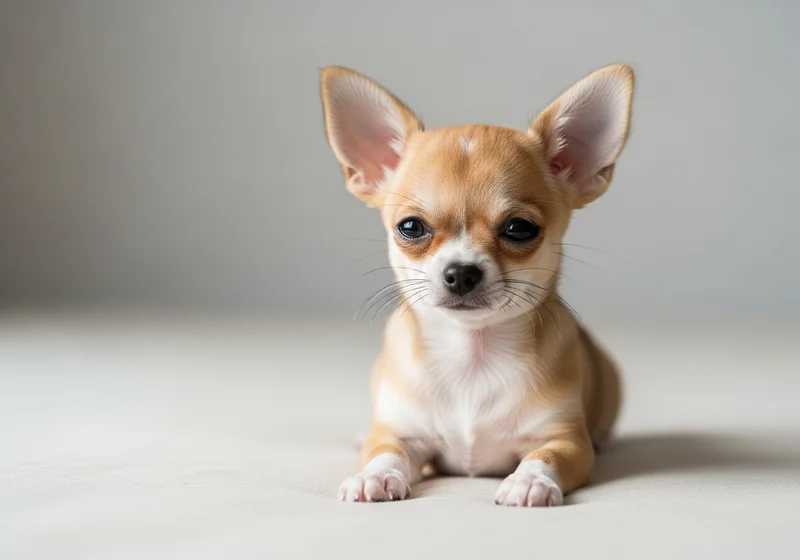 Mały szczeniak chihuahua leży na jasnym tle, patrząc wprost na widza.