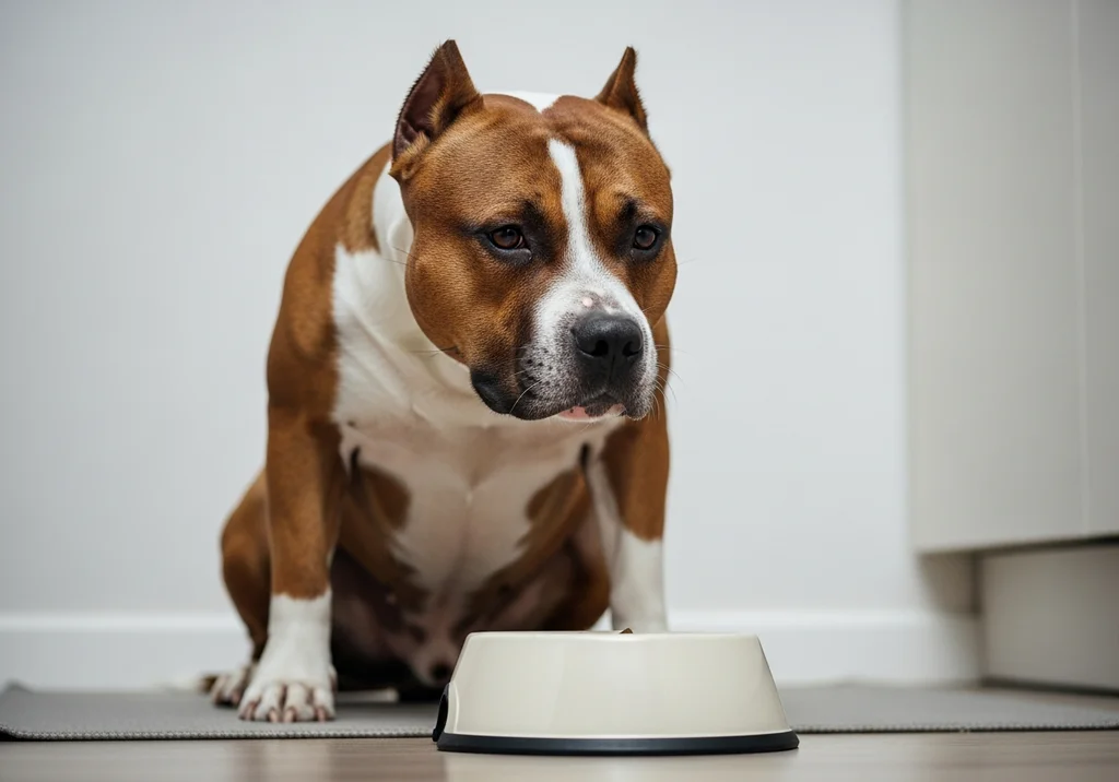Amstaff siedzi przed pustą miską, patrząc w dół.