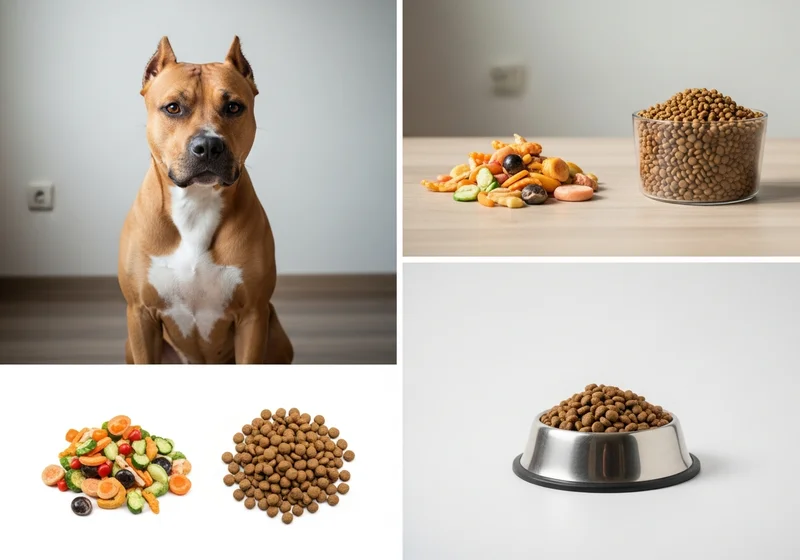 Amstaff siedzi obok miski z karmą; różne rodzaje karmy dla psów.