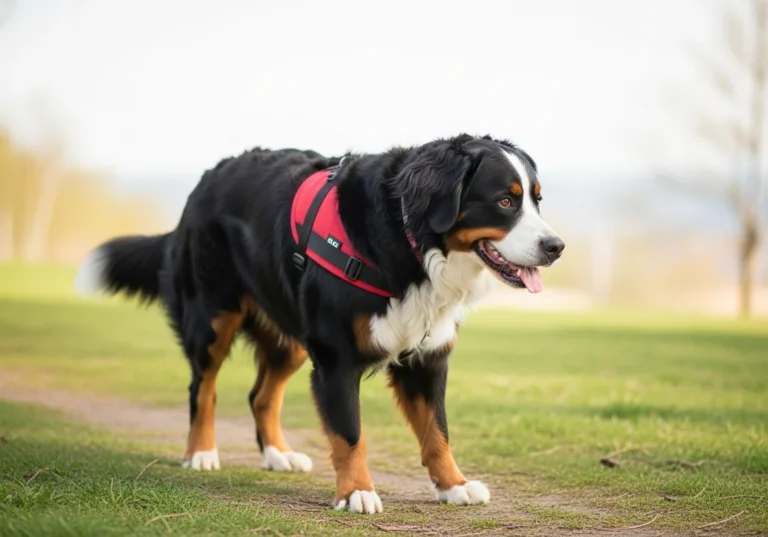 Berneński pies pasterski w czerwonej obroży na trawie.