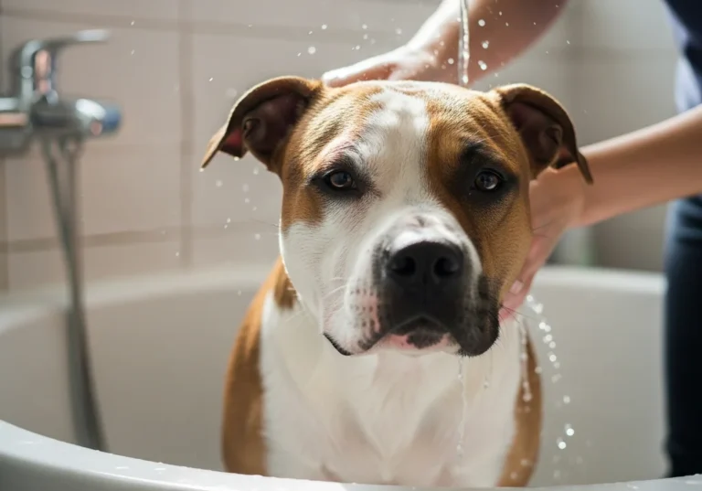 Amstaff w wannie, podczas kąpieli, z wodą kapiącą na jego głowę.