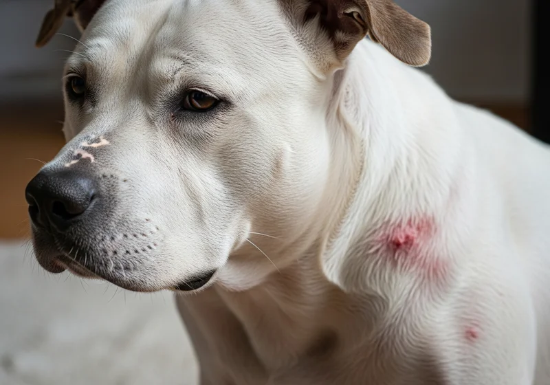 Zbliżenie na białą skórę amstaffa z widocznymi zaczerwienieniami, wskazującymi na swędzenie lub podrażnienie.