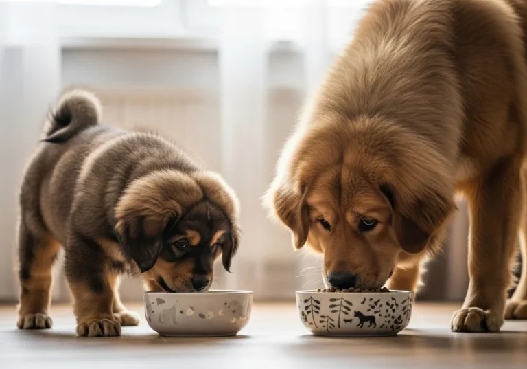 Szczenięta mastifa tybetańskiego jedzące z misek z karmą.