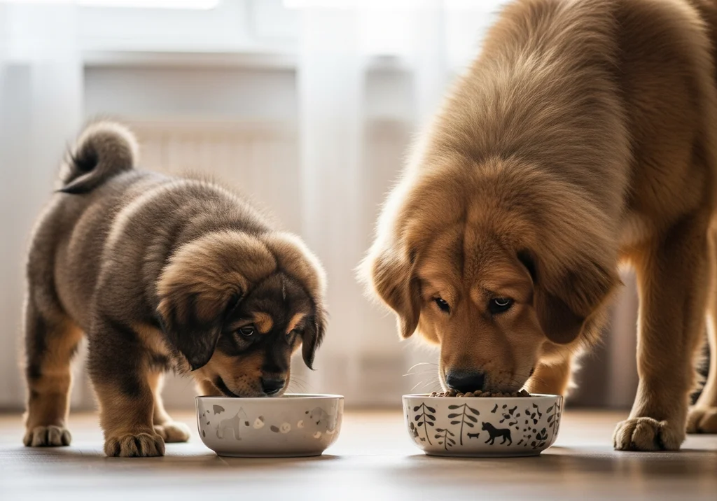 Szczenięta mastifa tybetańskiego jedzące z misek z karmą.