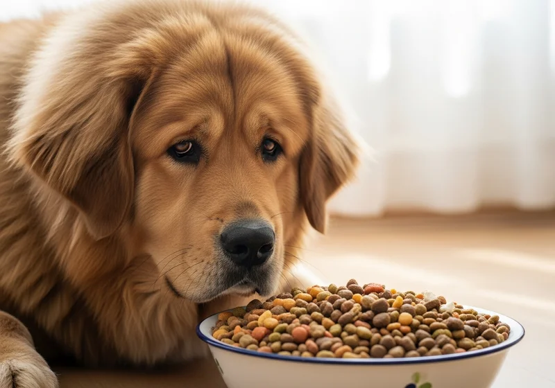 Szczęśliwy mastif tybetański wpatruje się w miskę karmy.