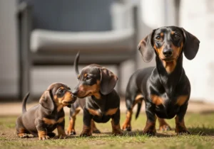 Trzy jamniki – dwa szczenięta i dorosły pies – na trawie.