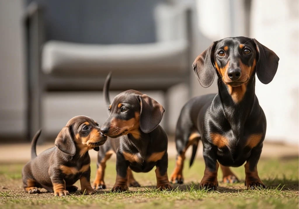 Trzy jamniki – dwa szczenięta i dorosły pies – na trawie.