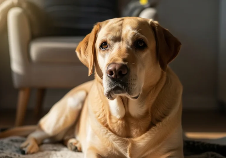 Żółty labrador leżący w słońcu przy jasnym fotelu.