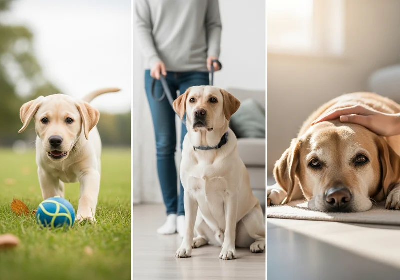 Labrador w różnym wieku: szczenię bawi się piłką, dorosły pies czeka na spacer, starszy odpoczywa z ręką na głowie.