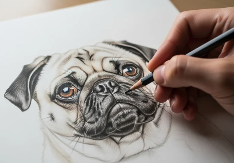 Zbliżenie na rysunek mopsa, który jest szkicowany ołówkiem.