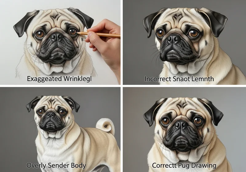 Cztery portrety mopsów: trzy błędne i jeden poprawny rysunek.
