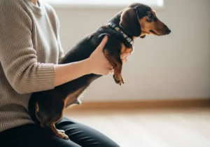 Osoba trzyma jamnika, wspierając go pod brzuchem i za tylne łapy, chroniąc kręgosłup.