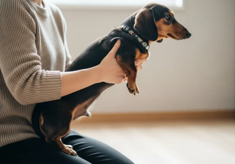 Osoba trzyma jamnika, wspierając go pod brzuchem i za tylne łapy, chroniąc kręgosłup.