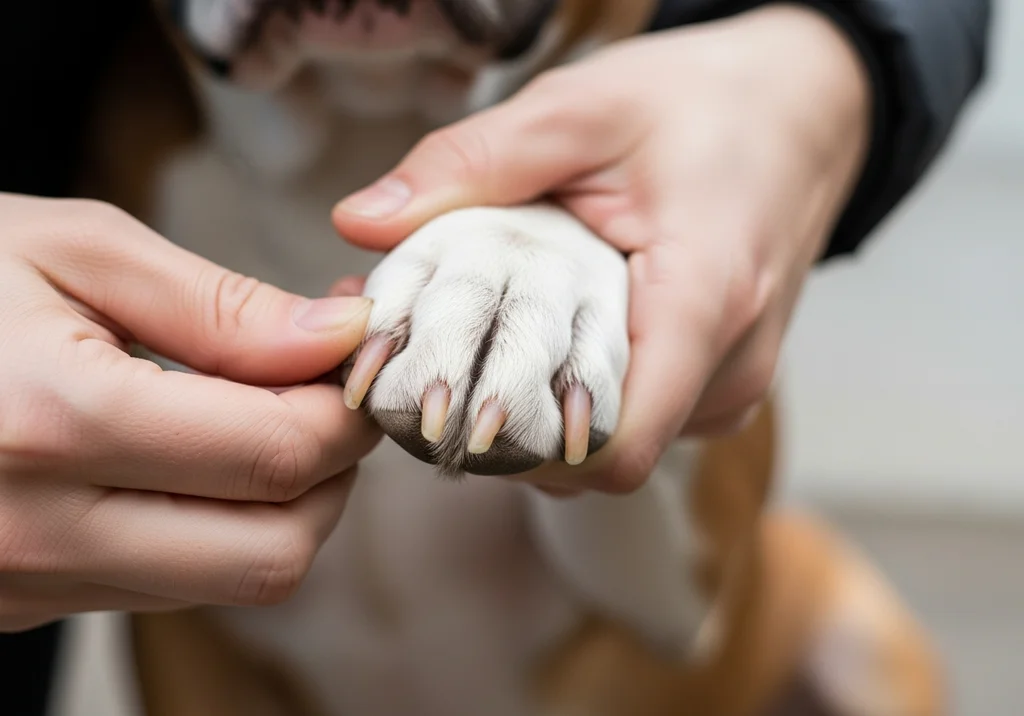 Zbliżenie na ludzkie dłonie przycinające pazury psu.