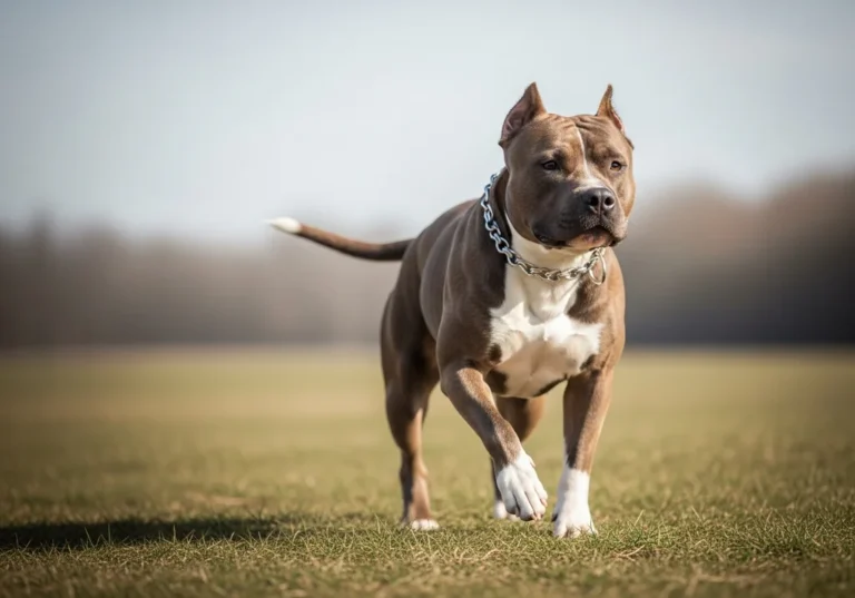 Amstaff w pozycji biegowej na trawiastym polu, z metalowym łańcuchem na szyi.