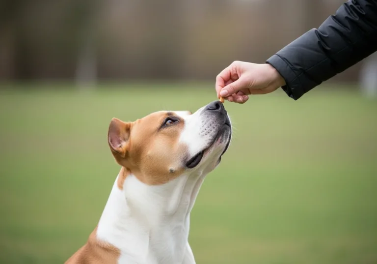 Amstaff otrzymuje smakołyk od dłoni trzymającej go na wyciągniętej ręce.