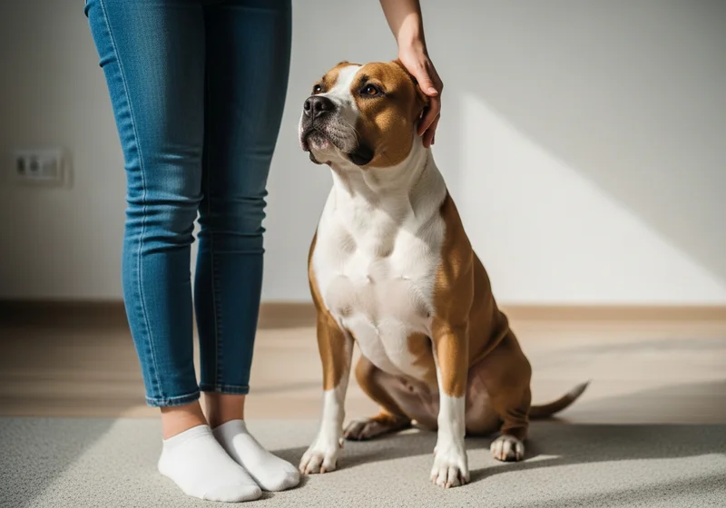 Amstaff siedzi obok osoby, która delikatnie głaszcze go po głowie.