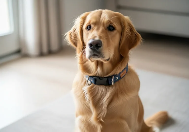 Golden retriever w granatowej obroży z plastikową klamrą.