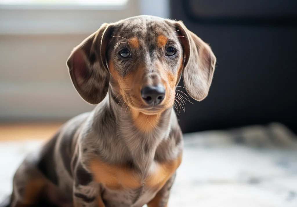 Młody jamnik merle o brązowo-szarym umaszczeniu siedzi i patrzy w obiektyw.