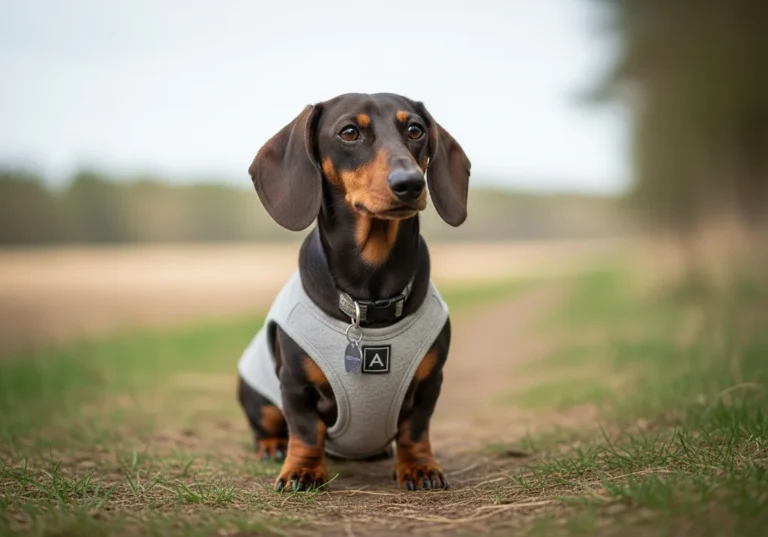 Jamnik w szarej kamizelce siedzi na ścieżce porośniętej trawą.